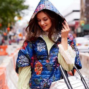 BLUE cropped hi-low floral down poncho with hood NWT #1 🎈HOST PICK 🎈